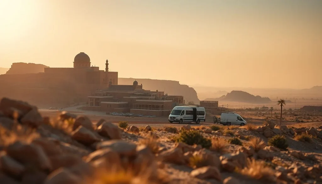 A golden-hour desert landscape with rocky foreground, two vans on a road, and a large domed, minaret-like building below
