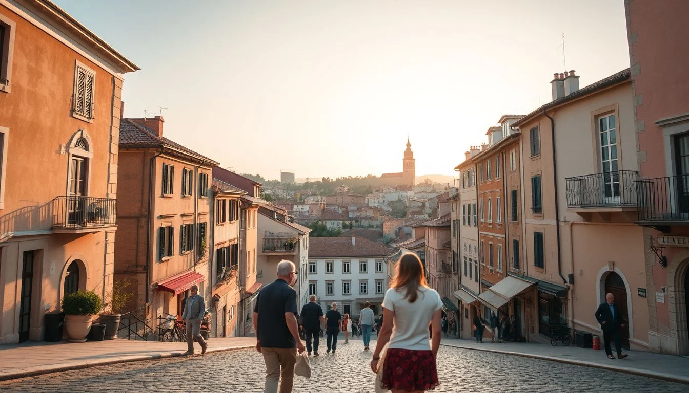 A warmly lit cobbled European town street slopes downhill between pastel buildings toward a distant church tower, with
