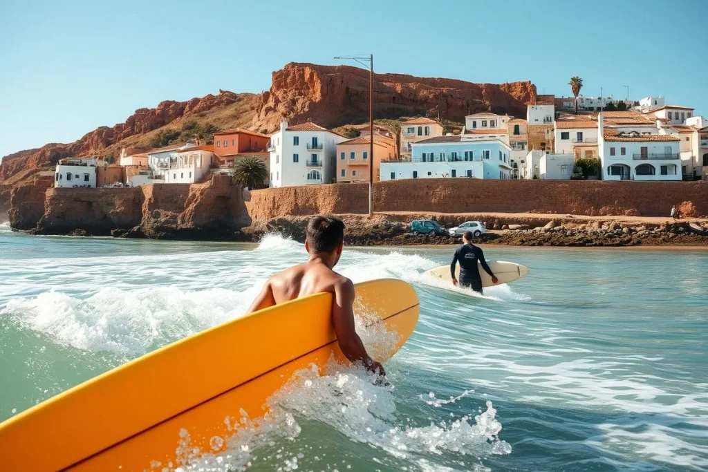 Two surfers carrying longboards move through shallow Atlantic water toward a densely built coastal settlement beneath red