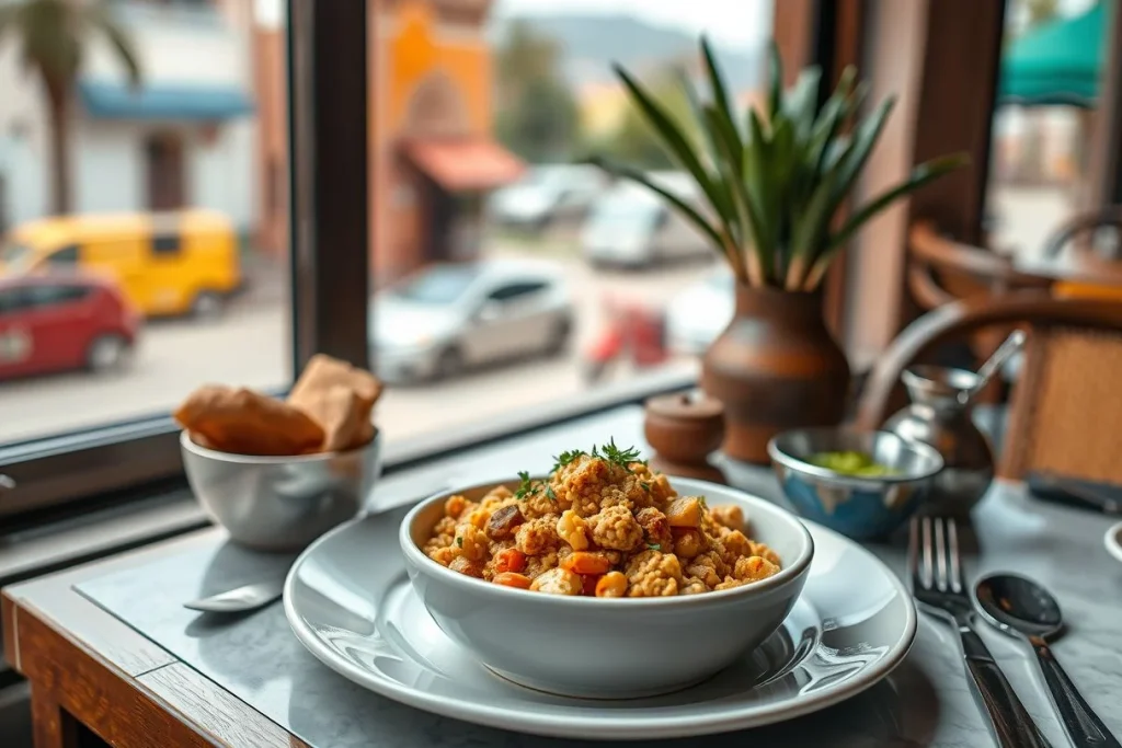 A close-up bowl of couscous with vegetables and chickpeas on a white plate beside bread and tableware, photographed by a