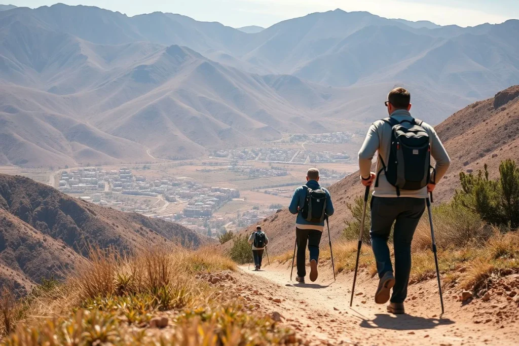 Three hikers with backpacks and trekking poles descend a rocky trail above a dry mountain valley and settlement in the Atlas