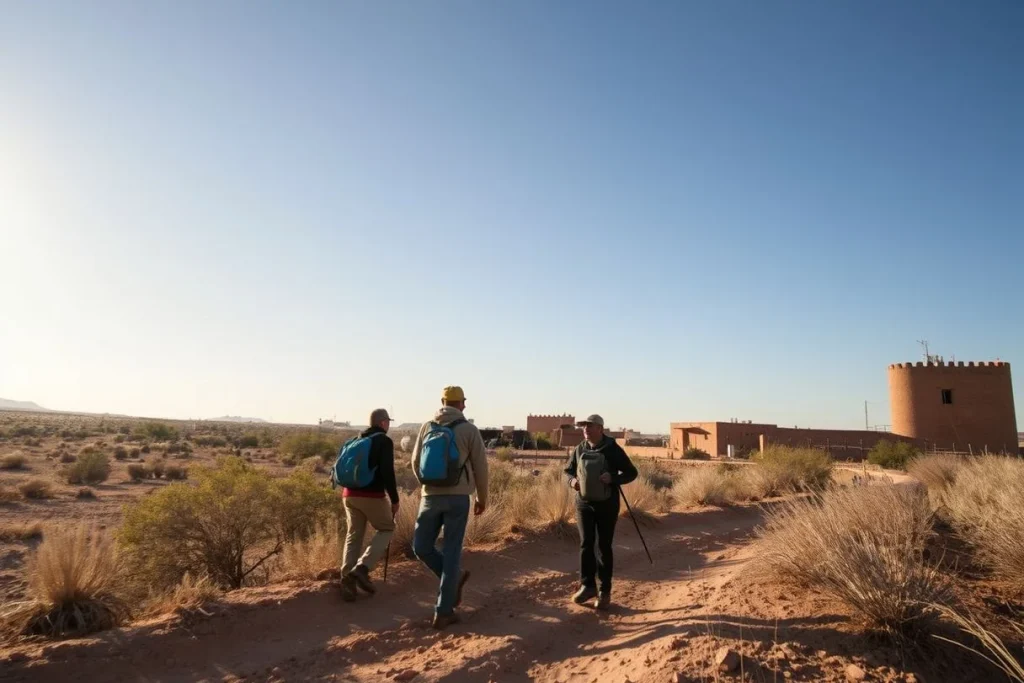 Three hikers walk along a sandy trail through dry scrubland toward a small earthen desert settlement under clear morning