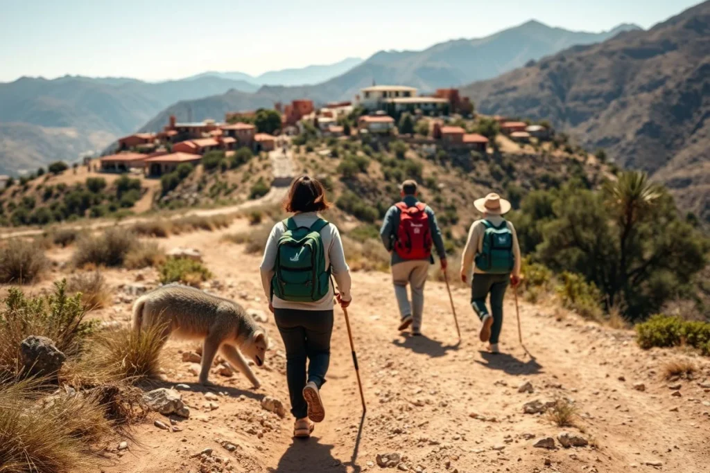 Three hikers with backpacks walk a rocky mountain trail toward a hillside settlement in the Atlas Mountains, accompanied by
