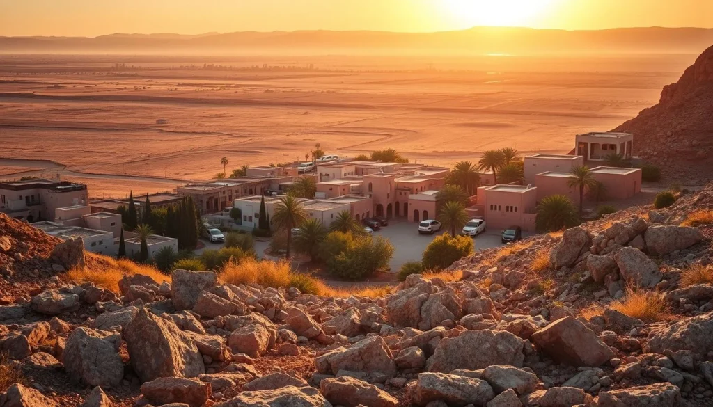 A golden-hour view from a rocky hillside overlooks a small palm-lined settlement and a vast barren desert plain beneath