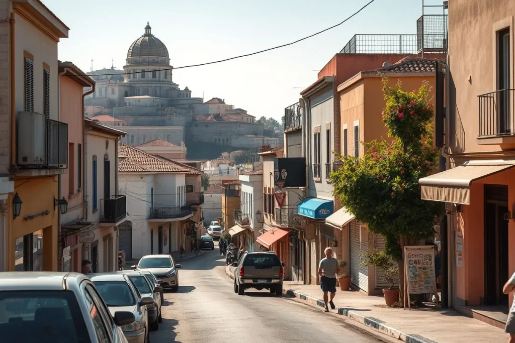 A sunlit Mediterranean-looking urban street lined with colorful low-rise buildings, parked cars, balconies, shops, and a
