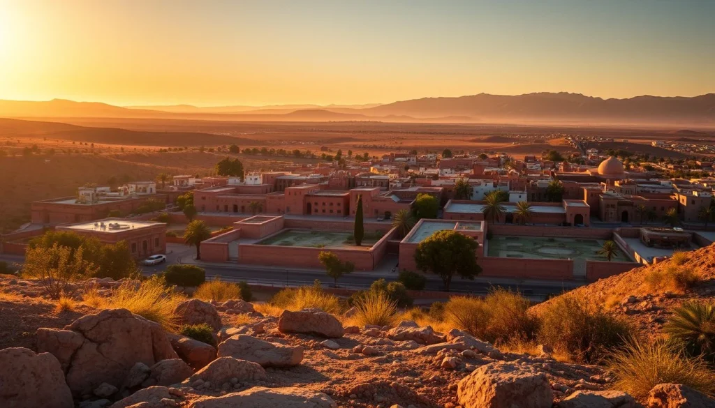A golden-hour panoramic view looks down from a rocky, scrub-covered hillside over a low-rise reddish Moroccan town and broad