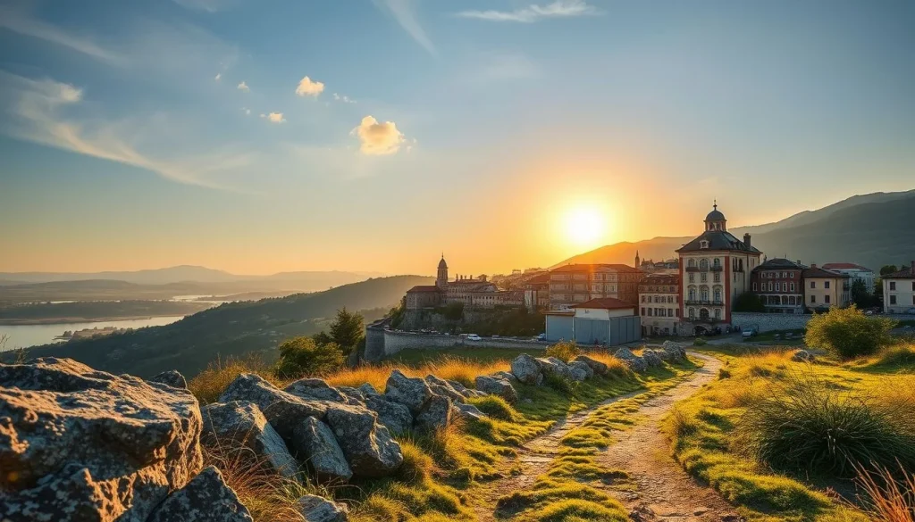 A sunlit rocky hillside path overlooks a European lakeside town with ornate buildings, a church tower, distant mountains