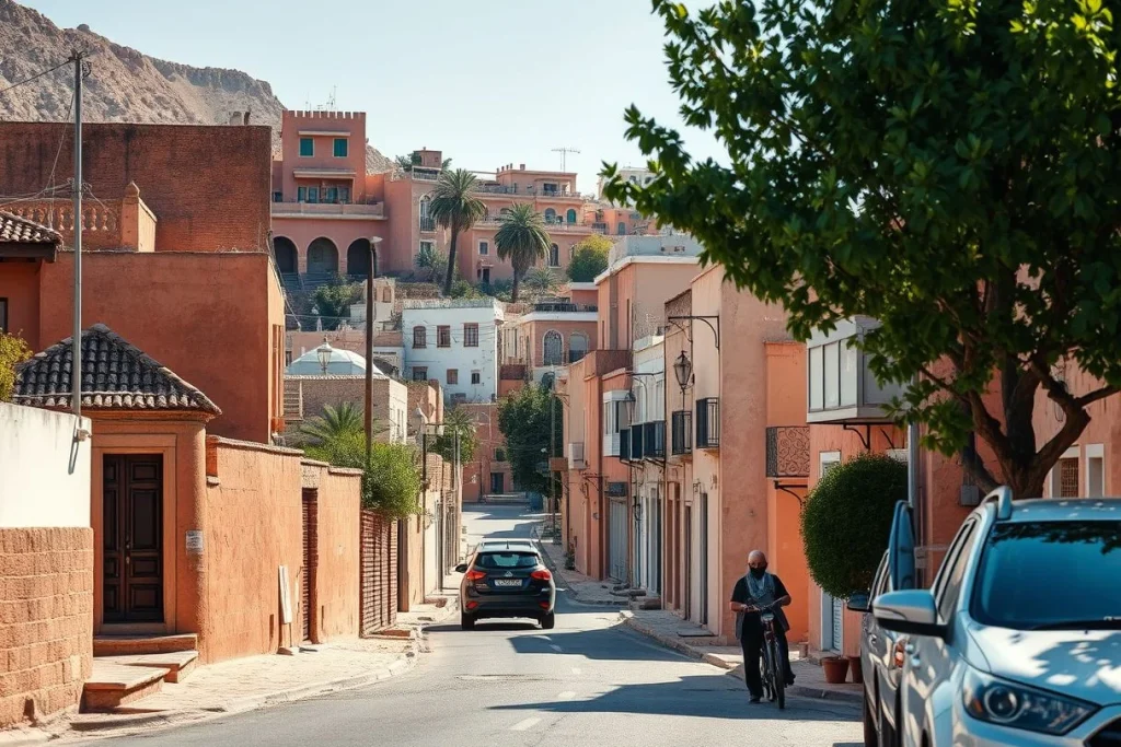 A sunlit Moroccan residential street with salmon-coloured buildings, palms, a bare rocky mountain backdrop, parked cars, and