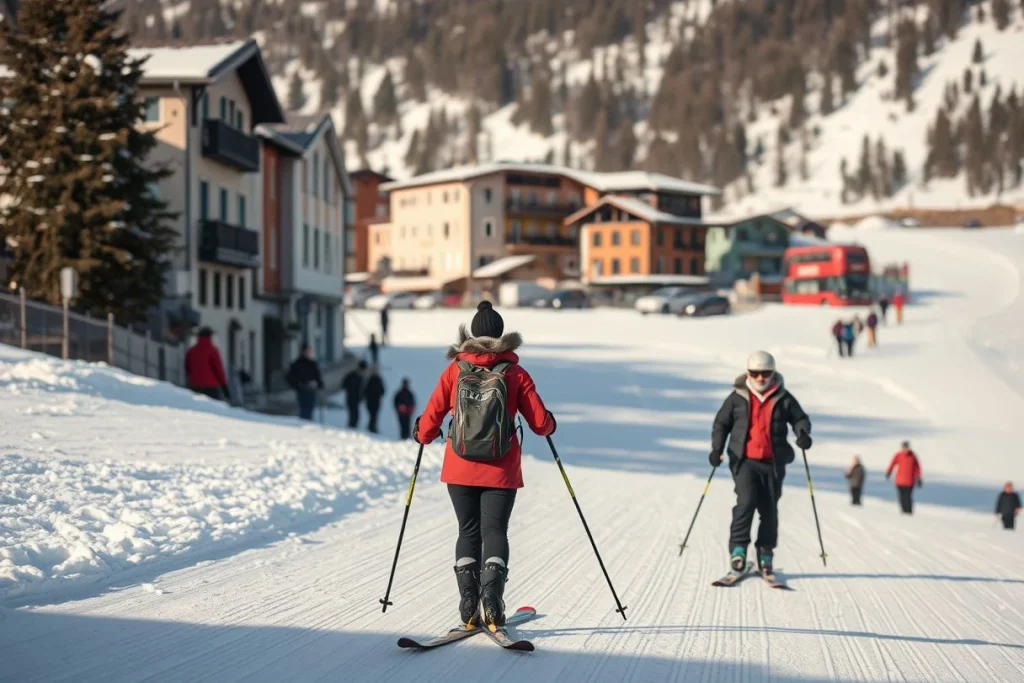 A skier in a red jacket moves down a snowy ski slope toward an Alpine-style resort village, with another a red bus, and
