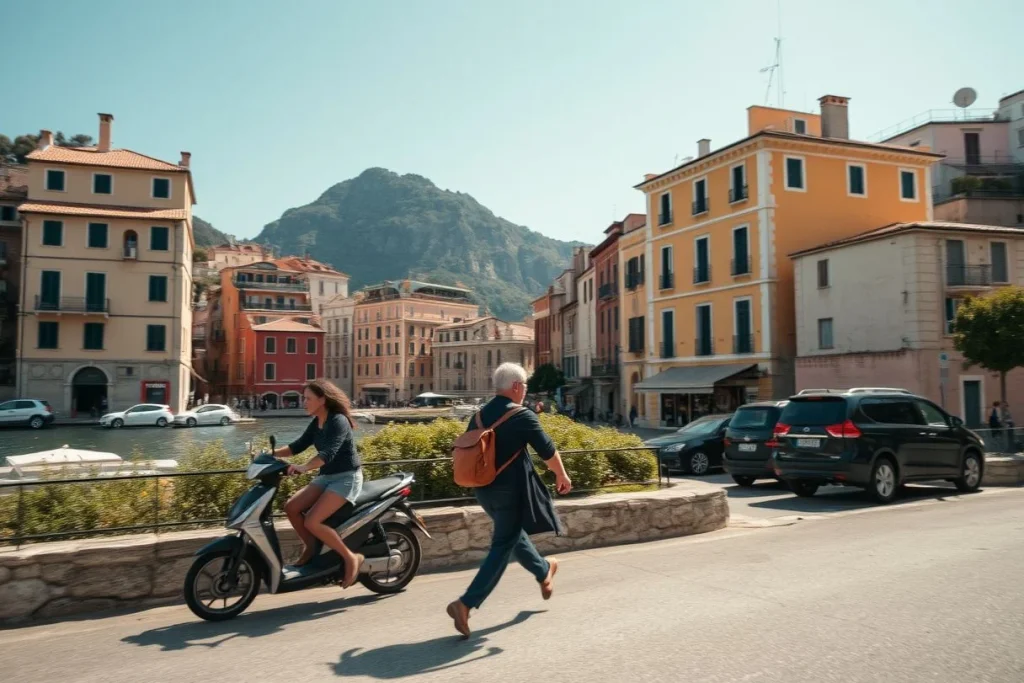 A woman rides a scooter and a man walks across a sunny urban street beside Italian-style buildings, with a rugged green