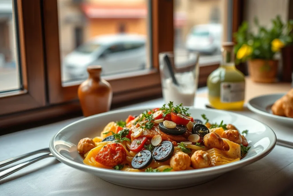 A shallow-focus close-up of a large plate of pasta with vegetables, olives and meatballs on a table beside a window, with an