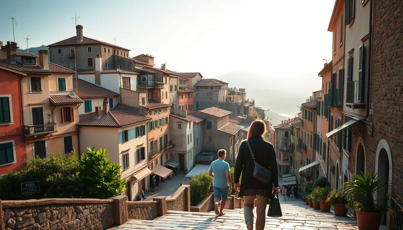 A sunlit Italian hillside town with terracotta-roofed vernacular buildings, descending stone steps, distant hazy mountains