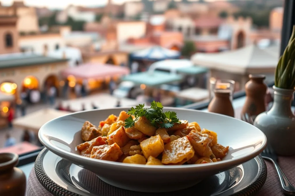 A plated Moroccan-style dish in a white bowl sits on a rooftop table, with softly blurred terracotta rooftops and evening