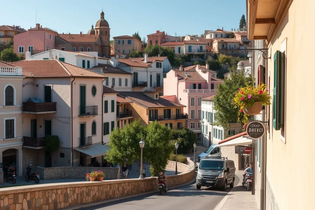 A sunlit Italian-looking town street curves between terracotta-roofed buildings, with a domed church and bell tower rising