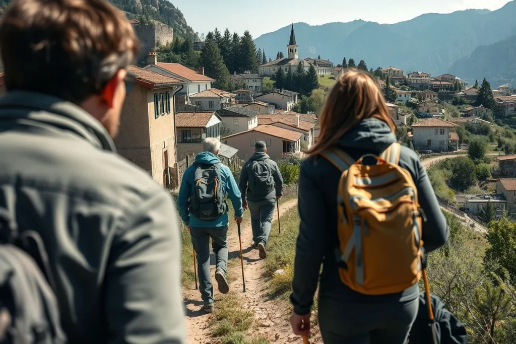 A group of hikers with backpacks and trekking poles walks along a narrow hillside trail through a mountain village, with a