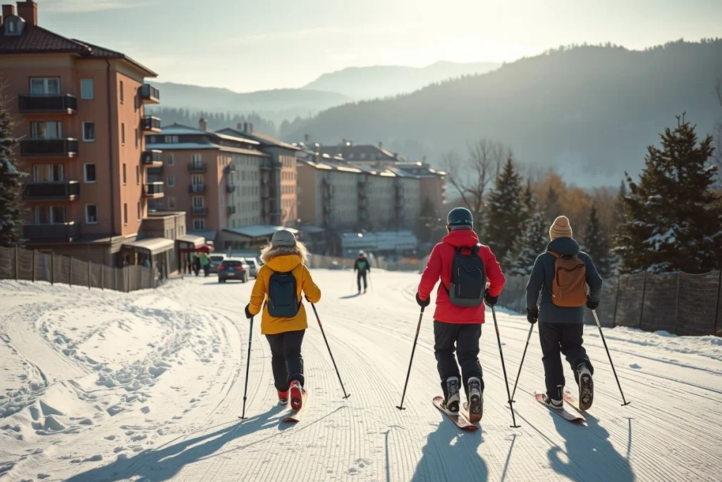 Three skiers wearing winter clothing and backpacks descend a groomed snowy slope toward a European-style mountain resort