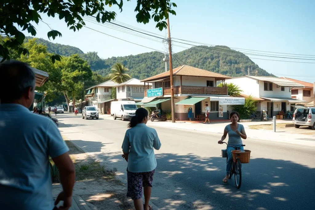 A cyclist rides toward two pedestrians on a sunny tropical street lined with low-rise buildings, utility wires, and forested