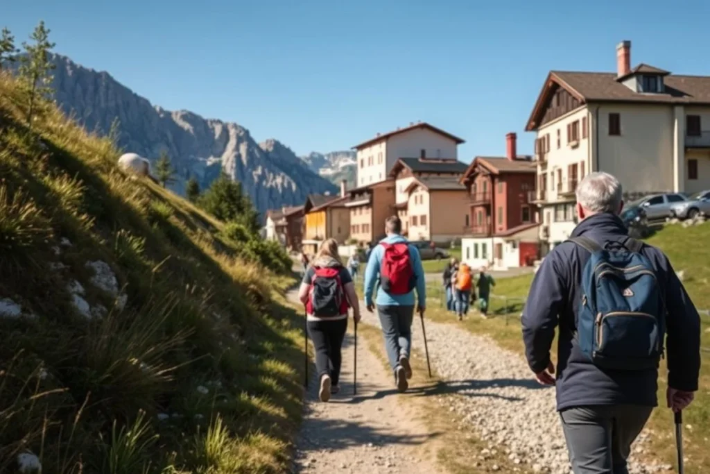 Several hikers walk along a gravel trail toward a cluster of alpine buildings, with steep rocky Dolomite peaks rising behind