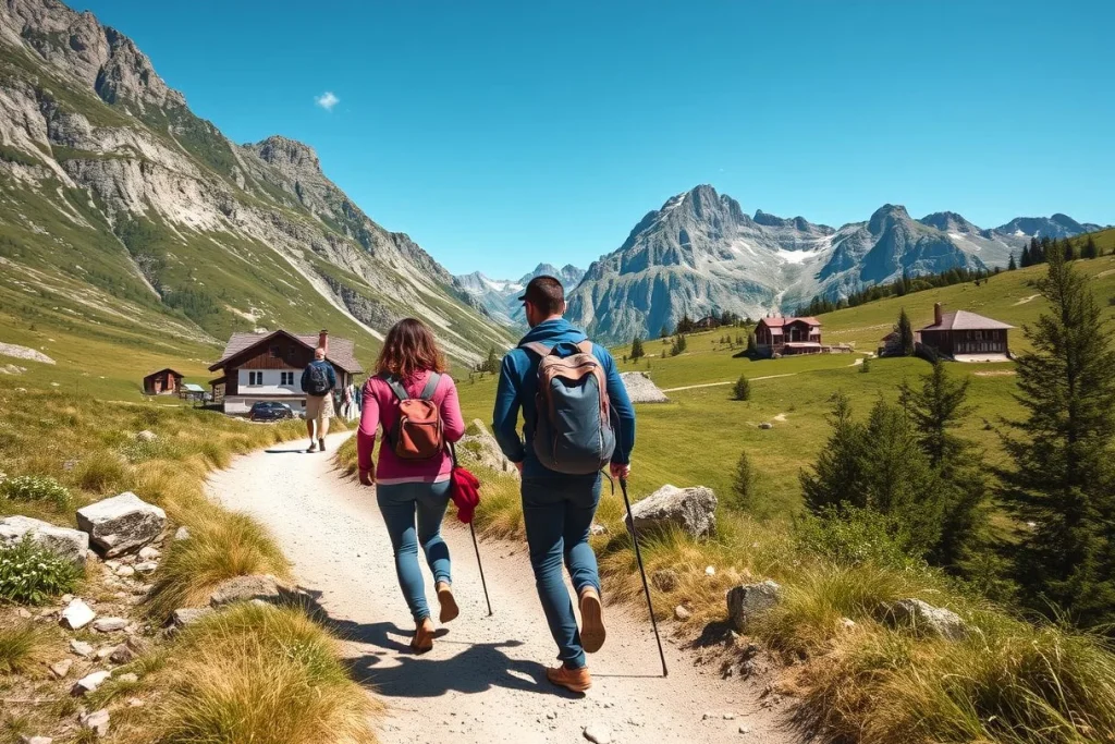 Three hikers with backpacks walk along a mountain trail through an alpine valley with scattered wooden buildings and
