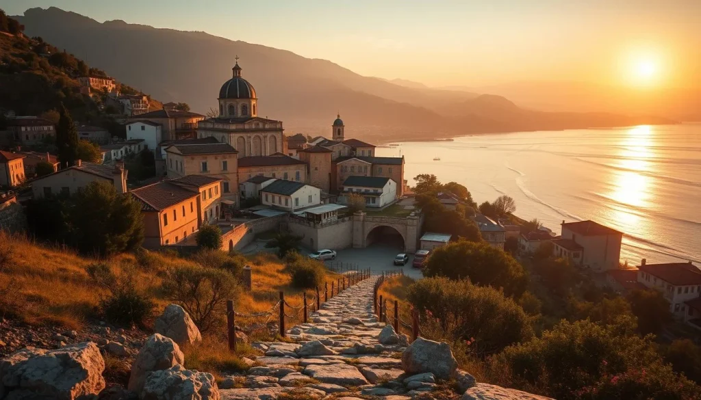 A warm sunset view over a hillside settlement beside a calm lake, with a rocky footpath leading toward clustered buildings