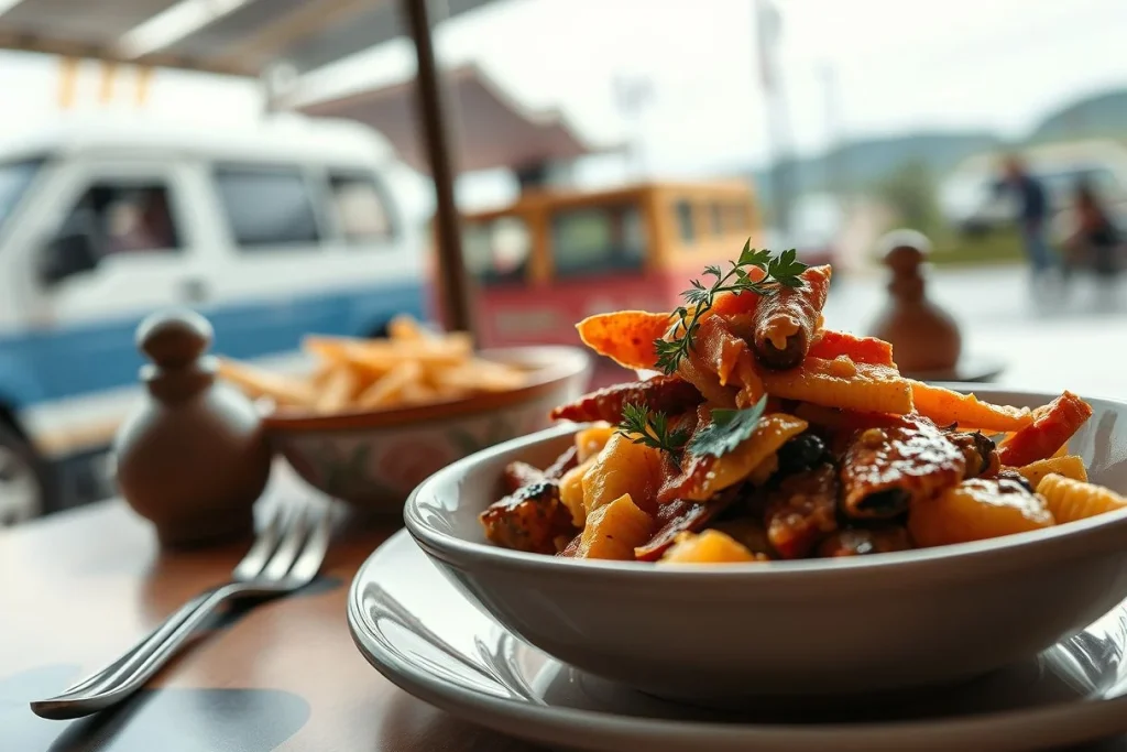 A close-up bowl of pasta with roasted vegetables sits on a café table, with blurred blue-and-white and red vehicles and