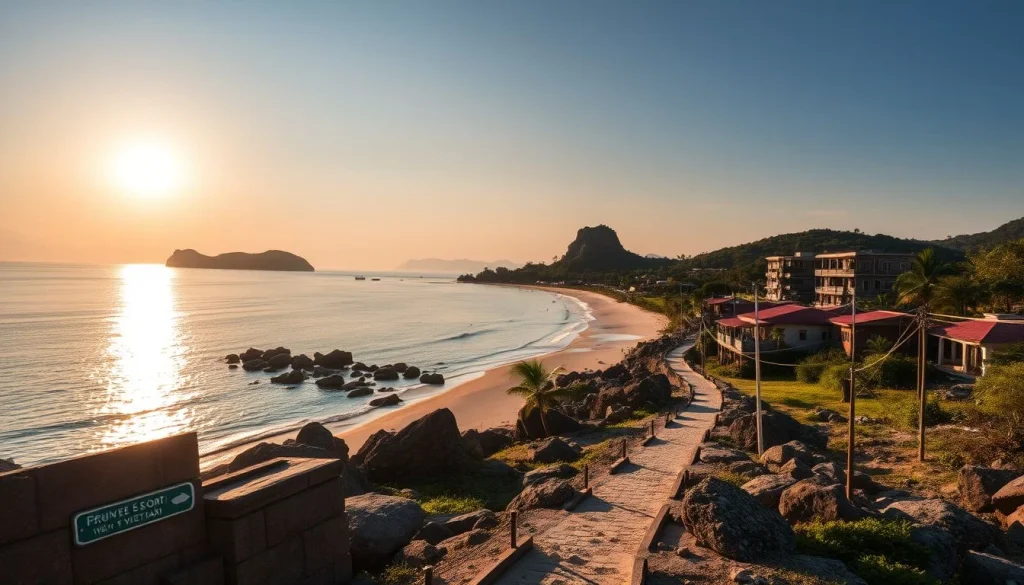 A golden-hour coastal bay with a rocky path, sandy beach, hillside buildings, offshore islands, and a lower-left sign