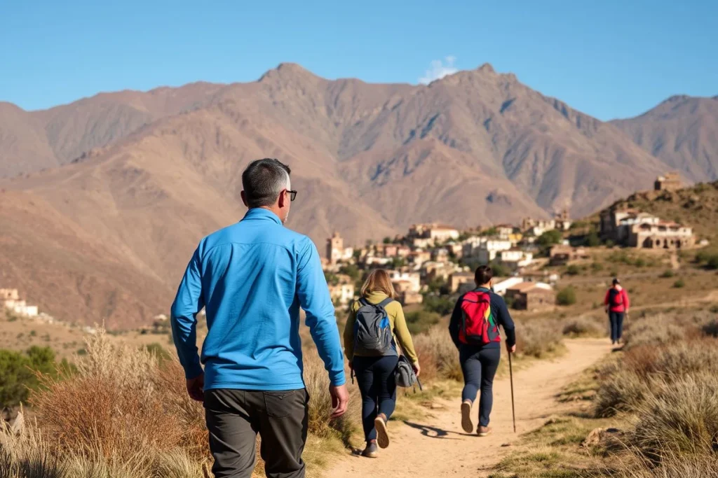 Four hikers walk along a dry mountain trail toward a hillside village beneath the rugged High Atlas mountains in Morocco.