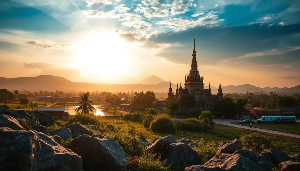 A golden-hour panoramic view of a Thai-looking valley with rice fields, palm trees, rocky foreground, a large ornate