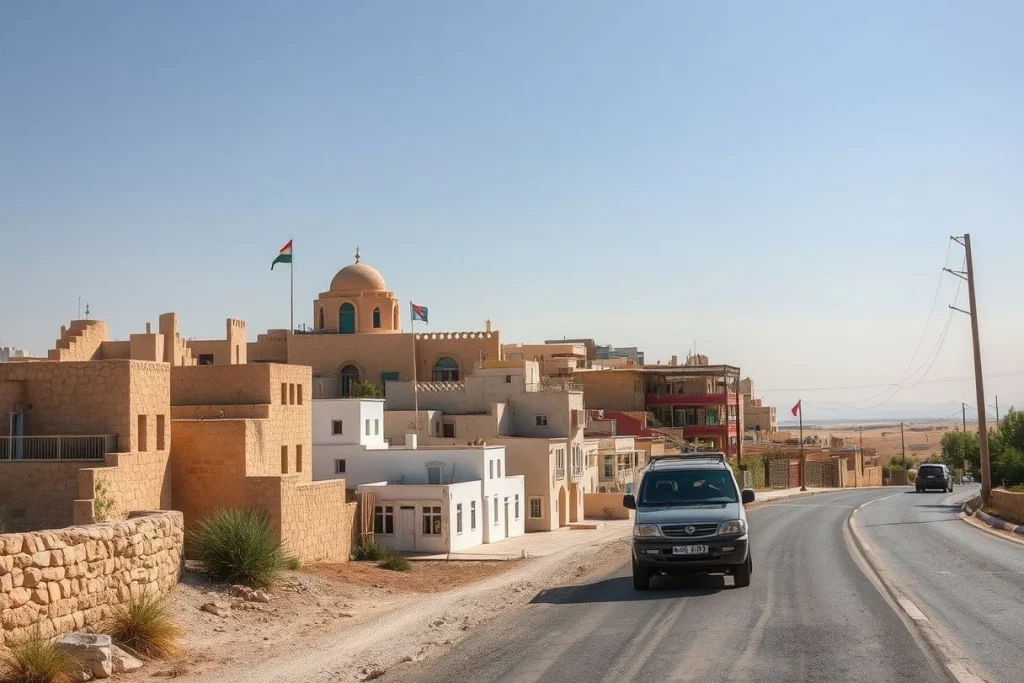 A sunlit Jordanian town street with low stone and stucco buildings, flags, a domed building, roadside utility poles, and