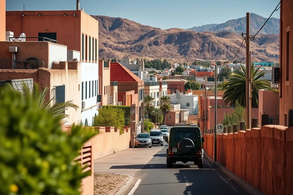 A sunlit Moroccan residential street with several cars descending between pink and white buildings, palm trees, and rugged