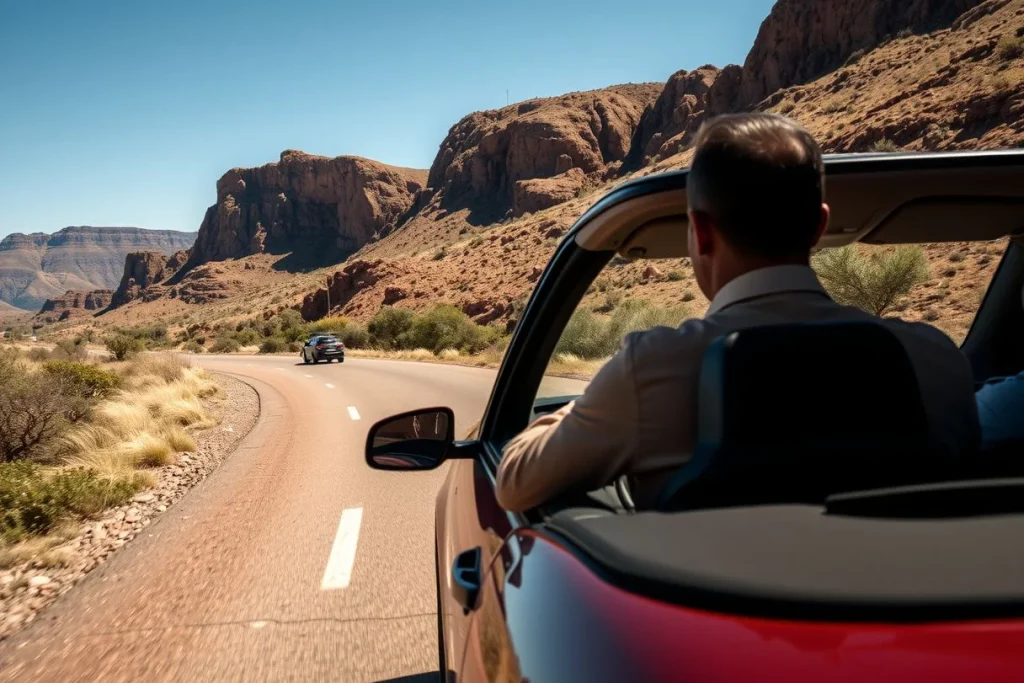 A red open vehicle drives along a paved mountain road through an arid Namibian-looking canyon landscape in bright daylight