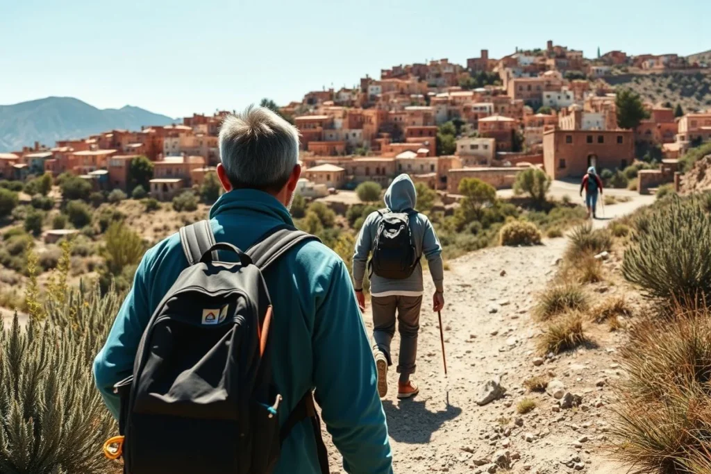 Three hikers with backpacks walk along a rocky mountain trail toward a densely built reddish-brown hillside settlement, with