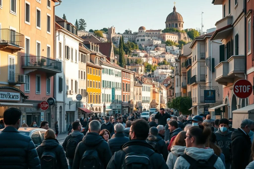 A crowded pedestrian street lined with colorful European buildings leads uphill toward a large domed religious-looking