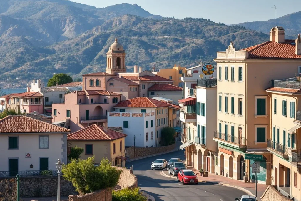 A sunlit Mediterranean hillside town with terracotta-roofed buildings, a domed church, a winding road with parked cars, and