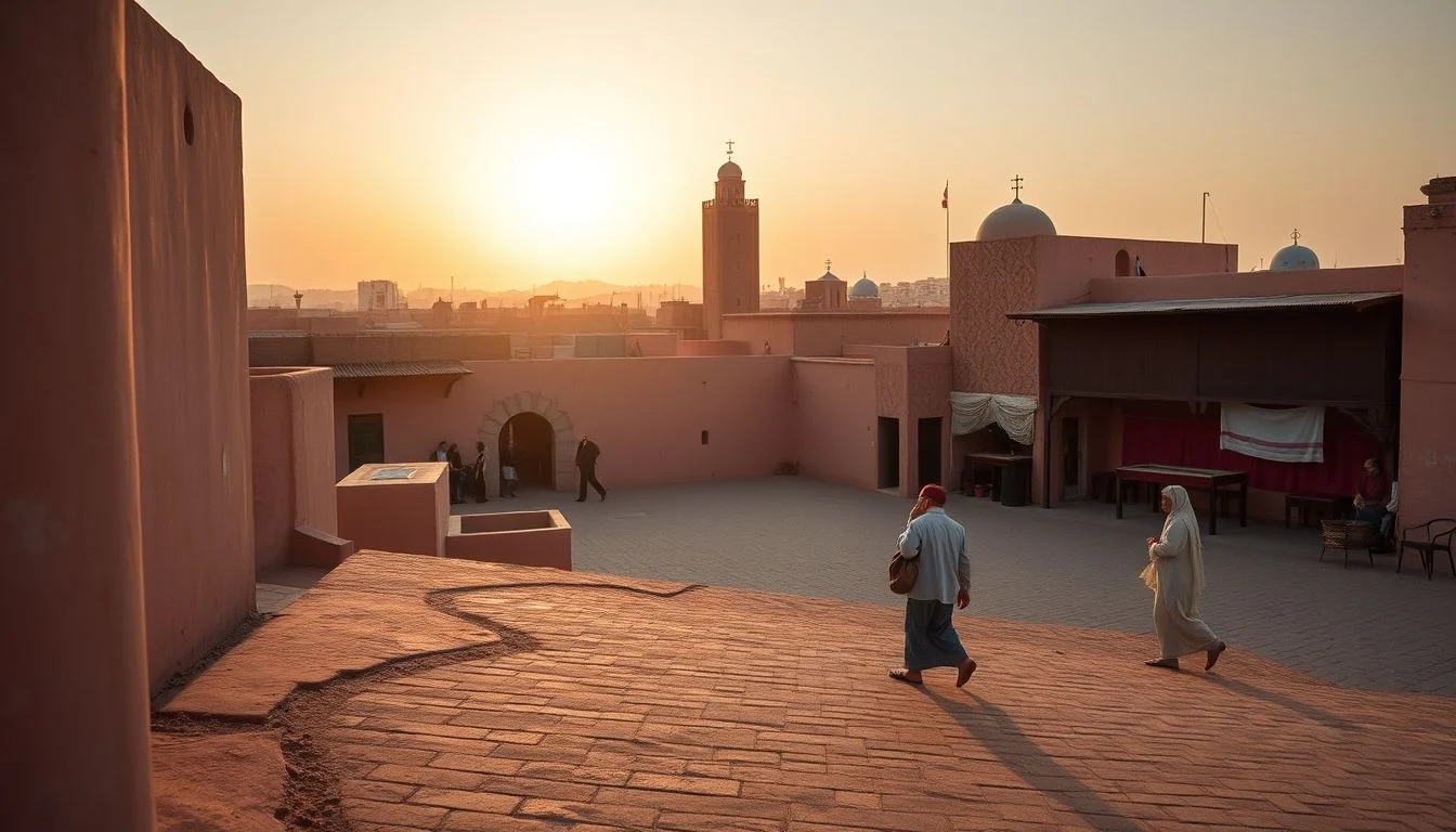 A warm early-morning view across a terracotta-roofed Marrakech courtyard, with two pedestrians in the foreground and a