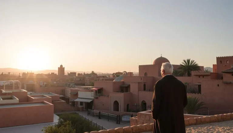 A rooftop view over pink Marrakech buildings at sunrise, with palm trees, a distant minaret, a large domed building, and a