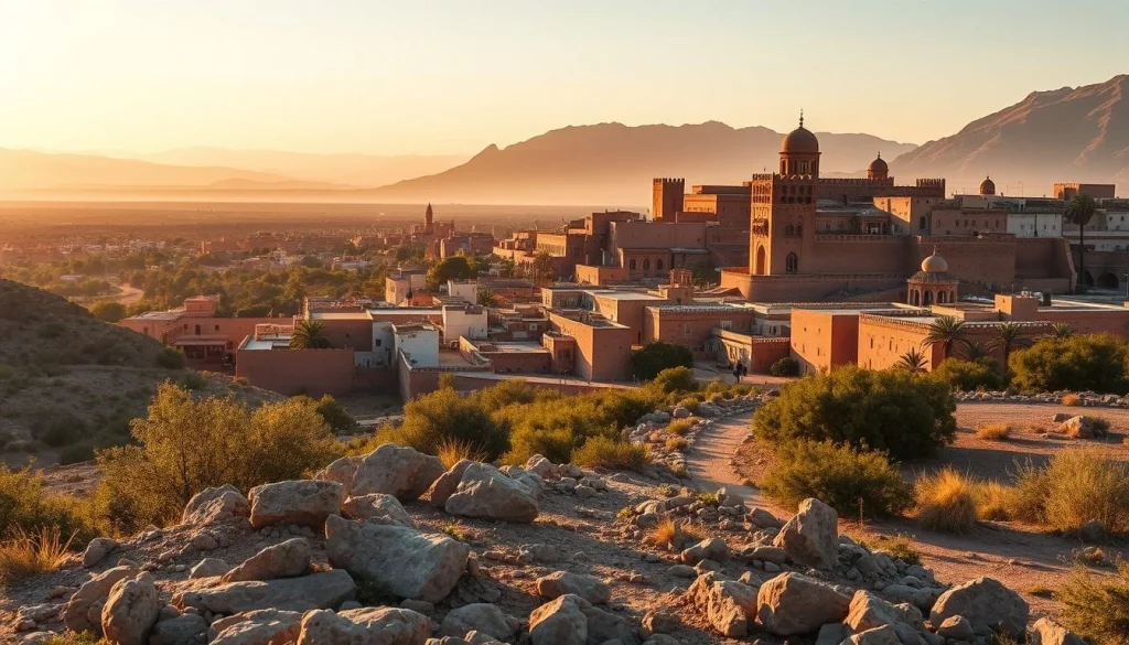 A golden-hour view over reddish Moroccan buildings, dense shrubs and rocky terrain, with a large domed mosque-like complex