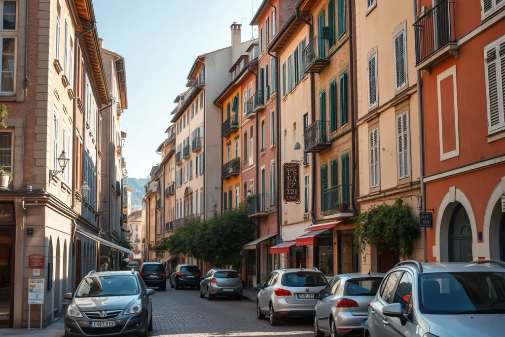 A sunlit, narrow European residential-commercial street lined with colourful shuttered buildings, balconies, parked cars