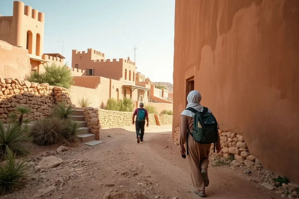 Two hikers with backpacks walk along a sandy path through a warm, earthen-walled settlement with crenellated tower-like
