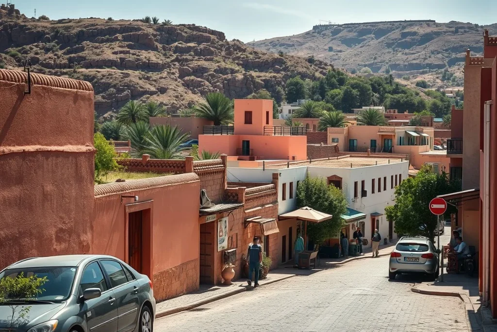 A sunlit Moroccan town street with salmon-coloured buildings, palm trees, parked cars, pedestrians, and rugged rocky