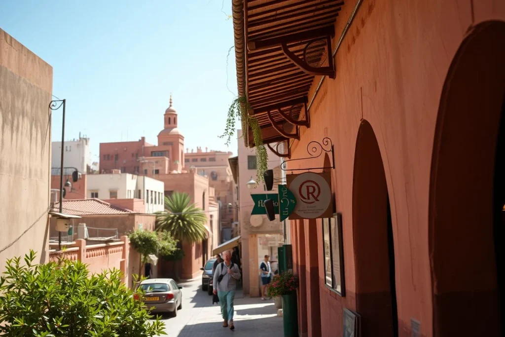 A sunlit narrow Marrakech street lined with terracotta buildings, a palm tree, parked cars, pedestrians, and shop signs