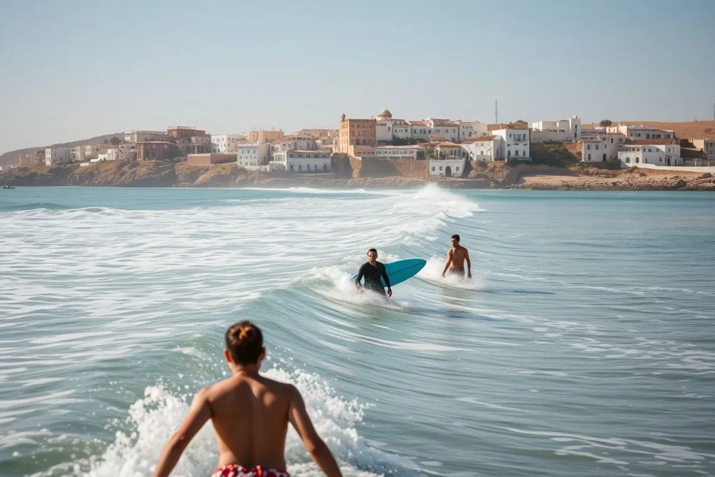 Three surfers wade and paddle through turquoise waves in a coastal cove, with a dense white-and-earth-toned settlement on