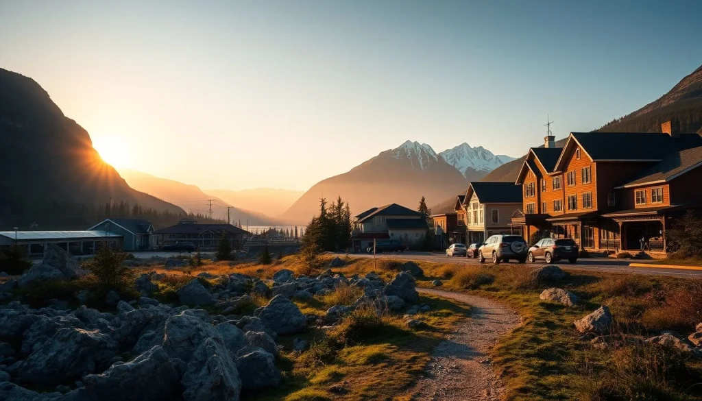 A rocky path leads through a sunlit foreground toward a small mountain town with lodge-style buildings, parked cars