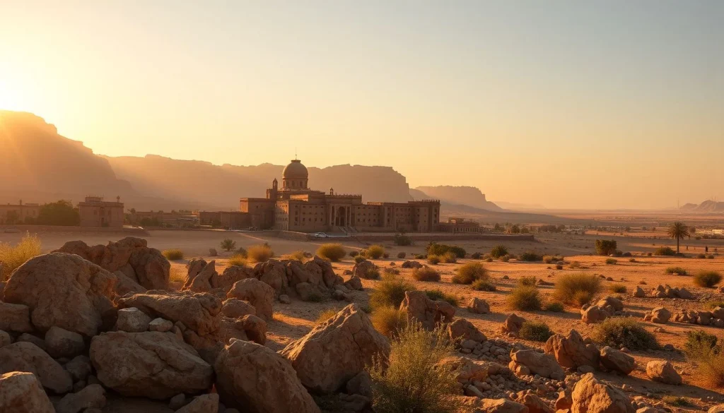 A rocky desert foreground overlooks a large domed monumental building, scattered scrub, palm trees, and hazy cliffs glowing