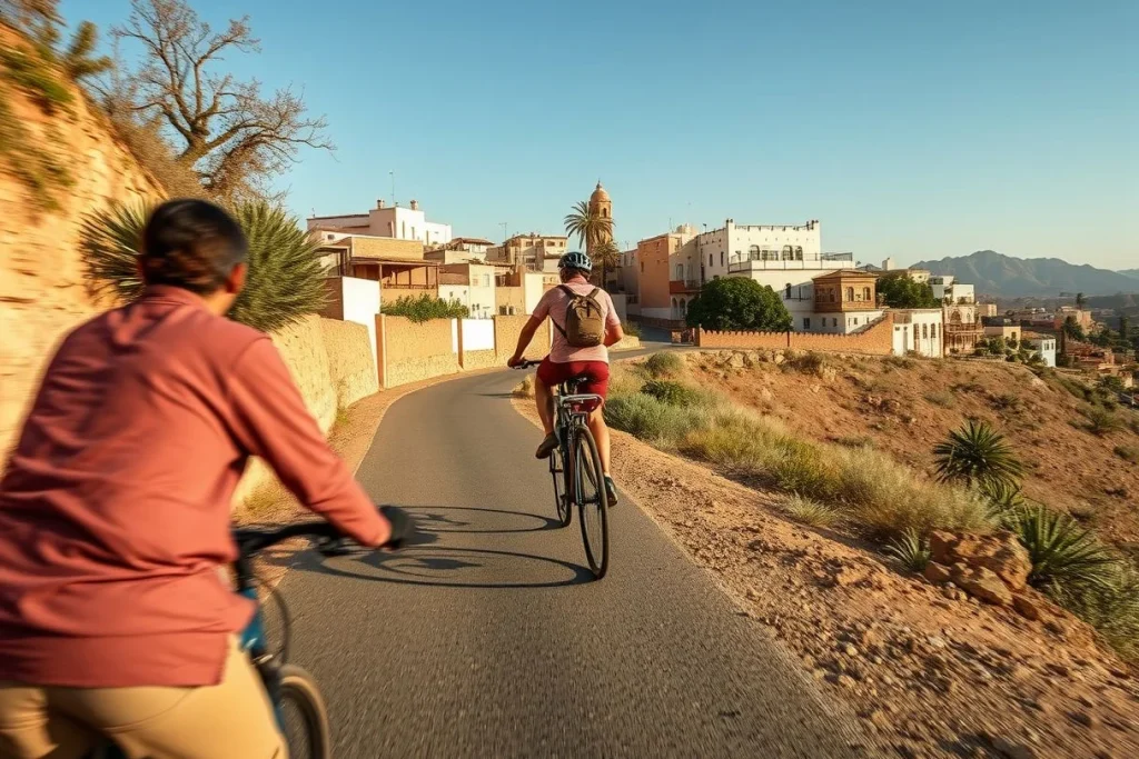 Two cyclists ride along a paved hillside road beside a Moroccan settlement, with a palm-lined town and rugged mountains in