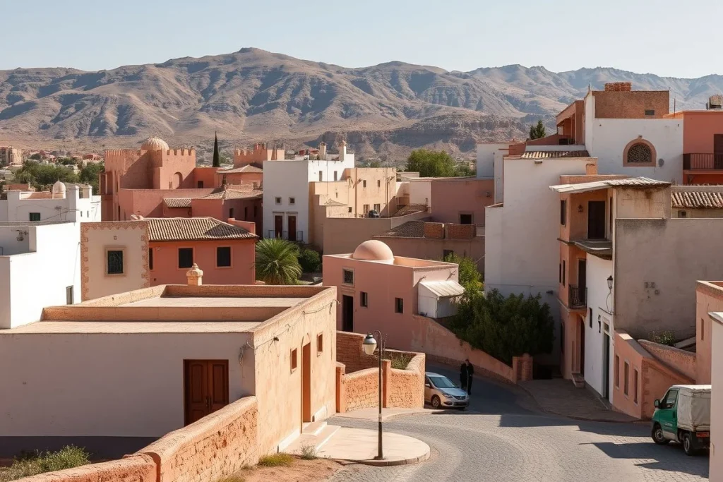 A sunlit Moroccan town of pink and white stucco buildings borders a winding street, with rugged brown Atlas Mountains rising