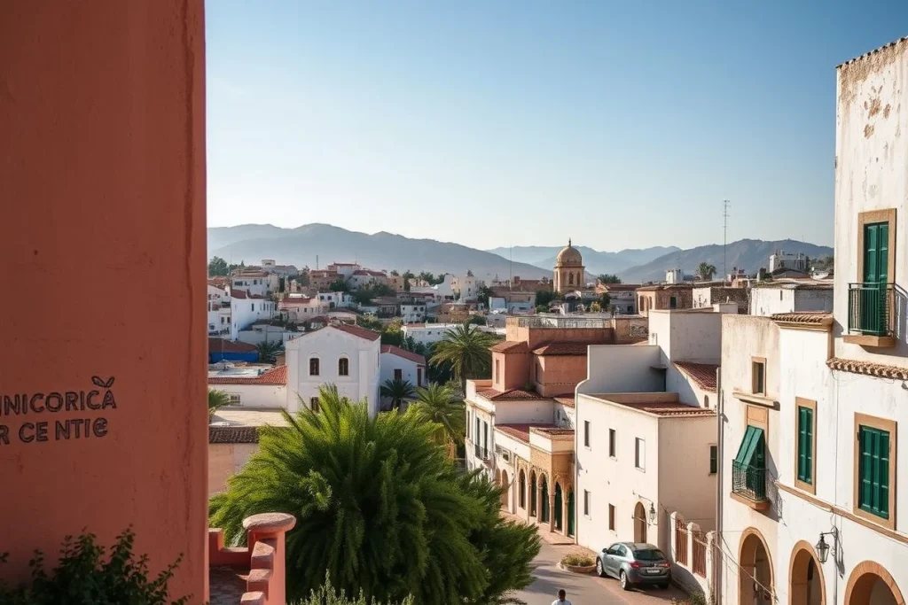 A sunlit Moroccan town with white and terracotta buildings, palm trees, distant mountains, and a narrow street viewed