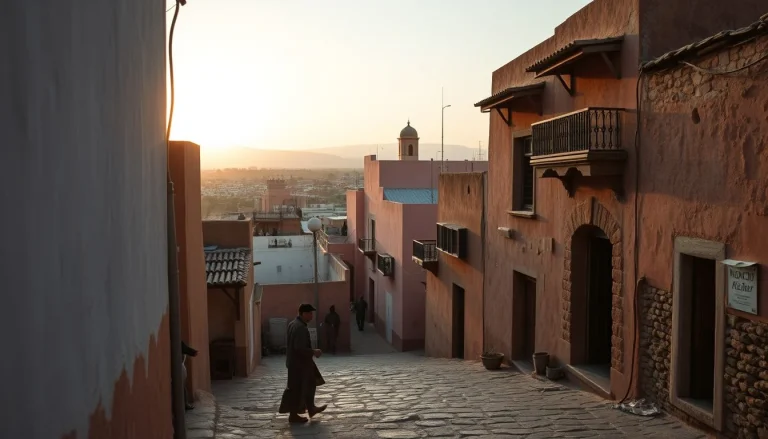 A warm early-morning view down a narrow Moroccan medina street, with pink earthen buildings, pedestrians, a small minaret