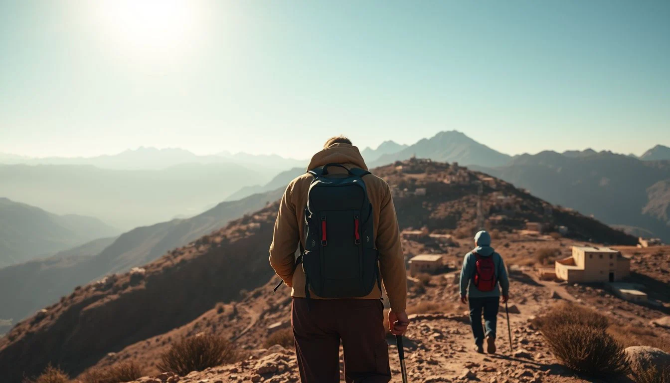 Two hikers walk along a rocky mountain trail above a rugged High Atlas valley, with scattered earthen buildings and layered