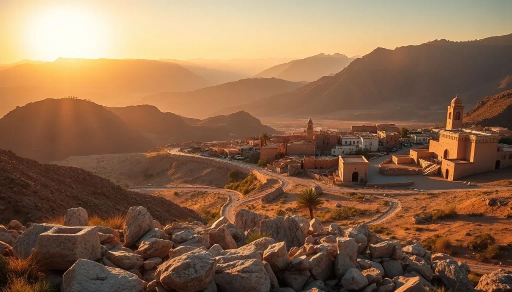 A golden-hour panoramic view of a rocky Moroccan mountain valley, with winding roads, a small earthen settlement, mosque